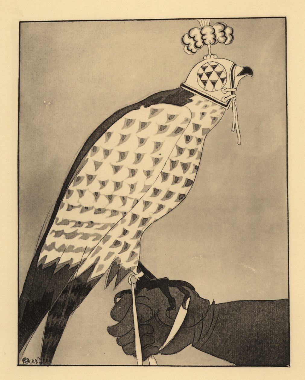 Falco da caccia con cappuccio appollaiato sul guanto di un falconiere da Charles Martin