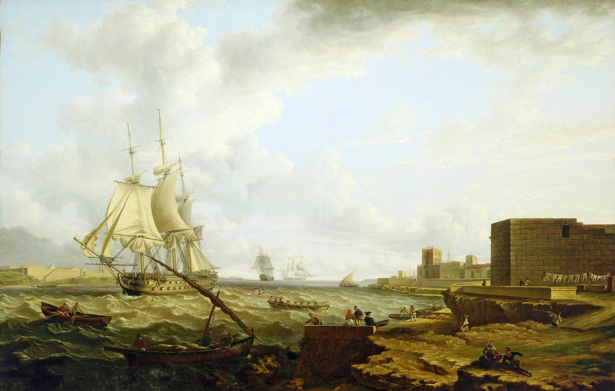 Una nave da guerra britannica di terza classe che entra nel porto di Mahon (Spagna), con una piccola imbarcazione che trasporta ufficiali al molo sulla destra da Charles Martin Powell