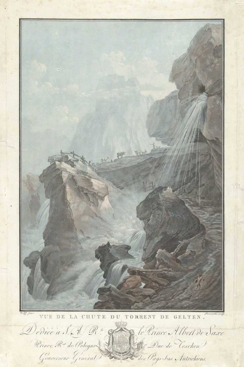 Vista sulla cascata di Gelten Vue de la Chute du Torrent de Gelten Vues remarquables des montagnes de la Suisse da Charles Melchior Descourtis