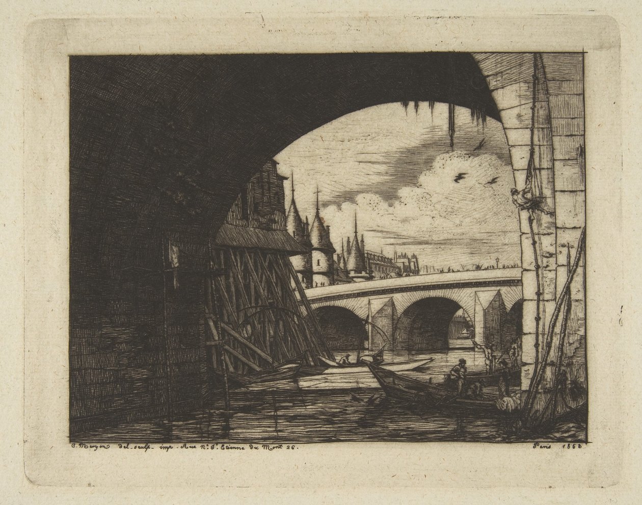 Arcata, Pont Nôtre-Dame, Parigi, tratta da “Incisioni di Parigi” da Charles Meryon