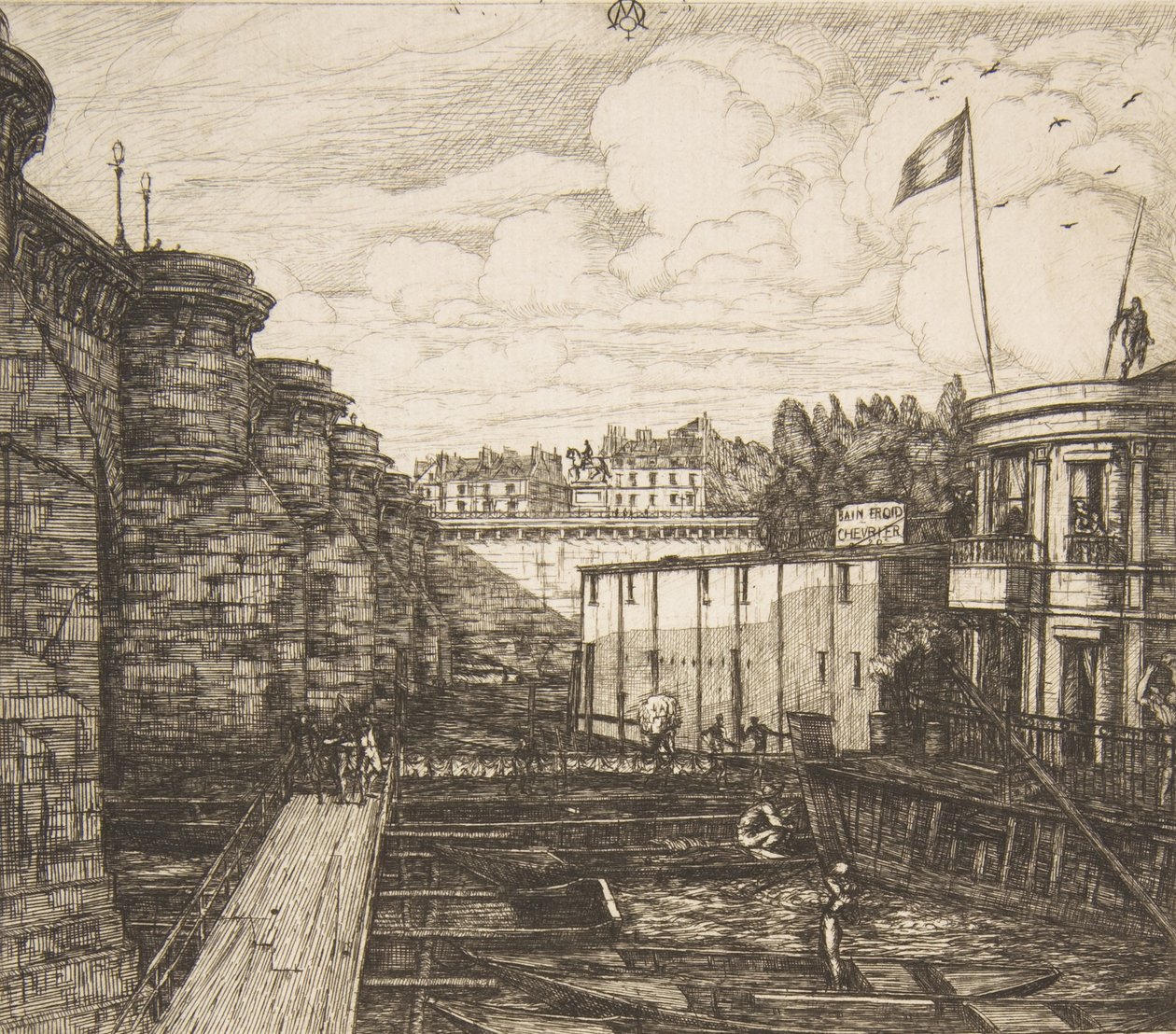 Bain-froid Chevrier, o Le Scuole dei Bagni, Parigi, 1864 da Charles Meryon
