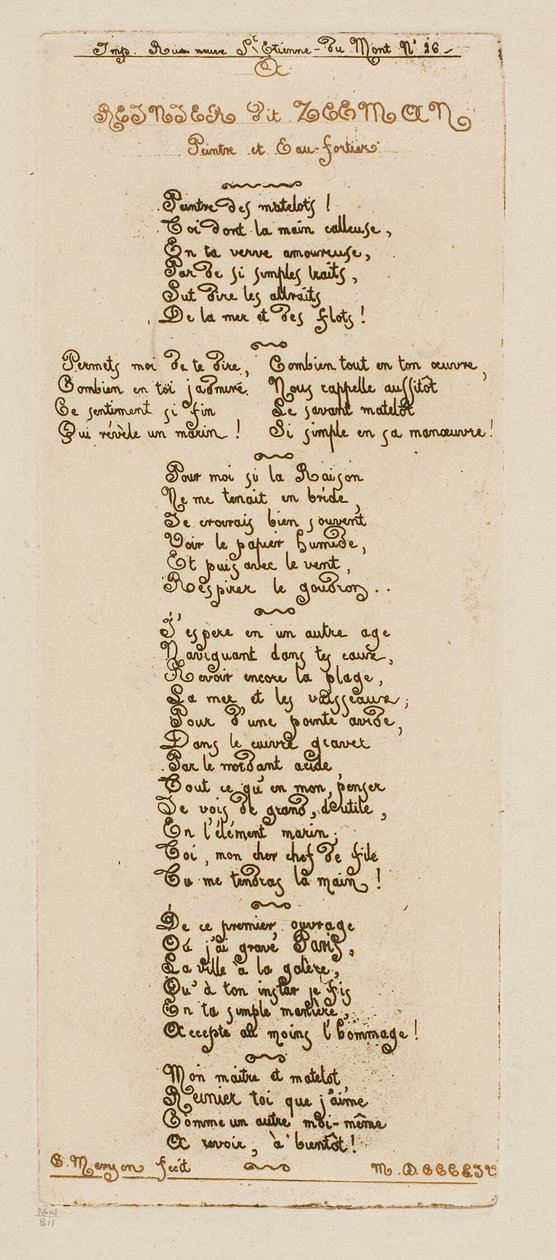 Versi dedicatori di Meryon a Reinier Nooms, detto Zeeman da Charles Meryon
