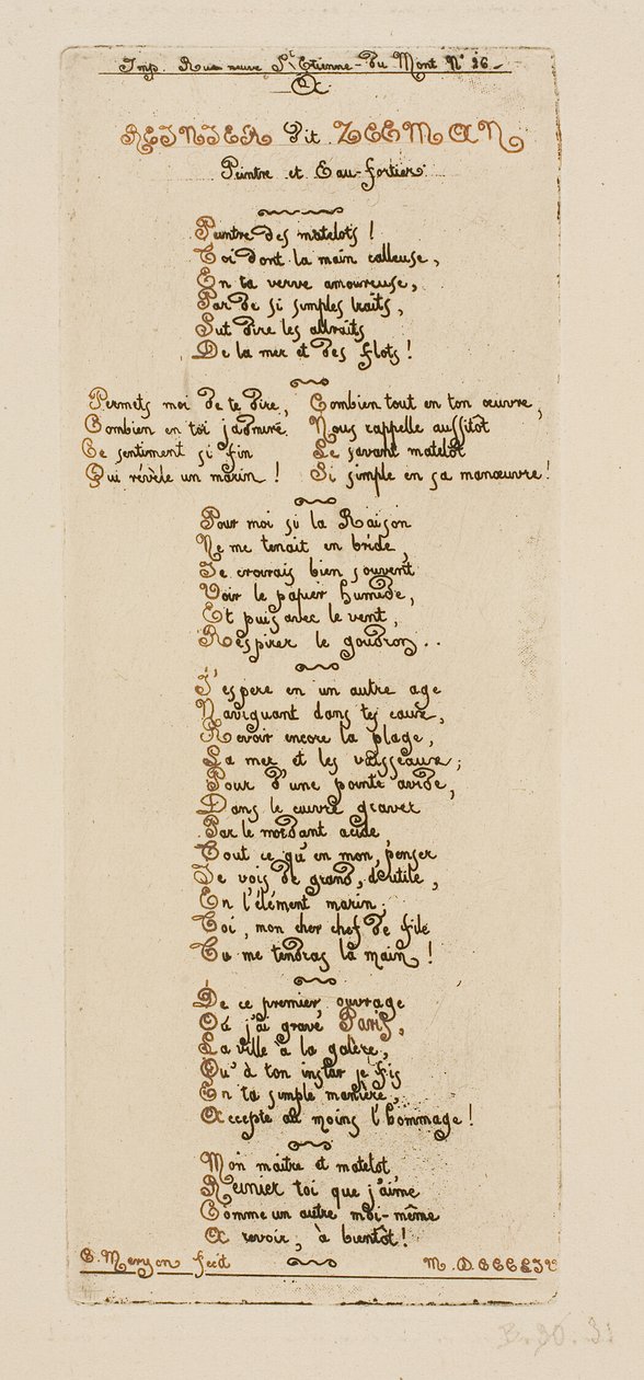 Versi dedicatori di Meryon a Reinier Nooms, detto Zeeman da Charles Meryon