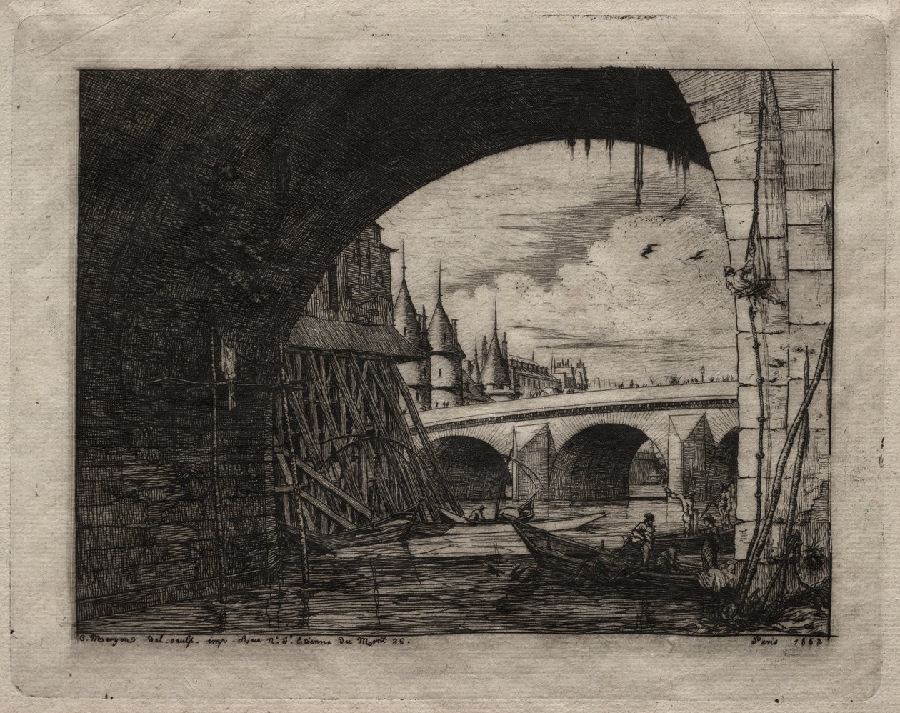 Incisioni di Parigi: Un Arco del Ponte di Notre Dame da Charles Meryon