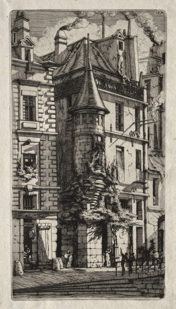 Incisioni di Parigi:  Casa con torretta, Via dei Tessitori da Charles Meryon