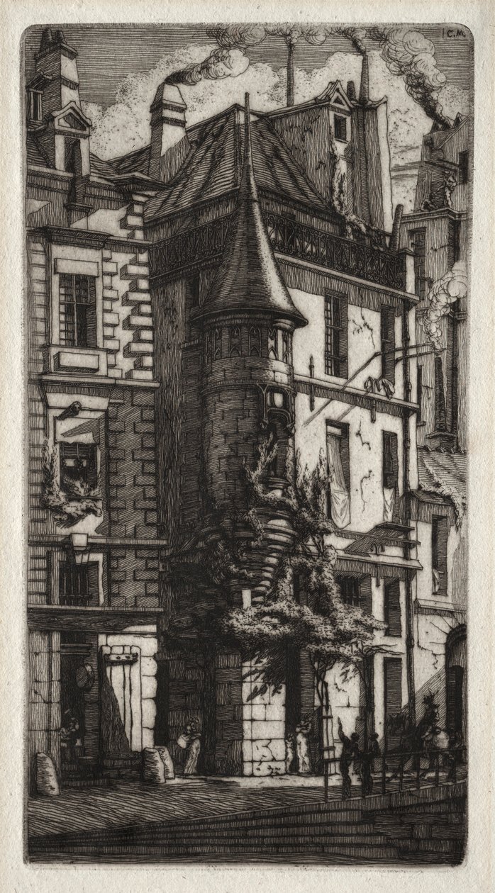 Incisioni di Parigi: Casa con torretta, Rue des Tisserands, 1852 da Charles Meryon