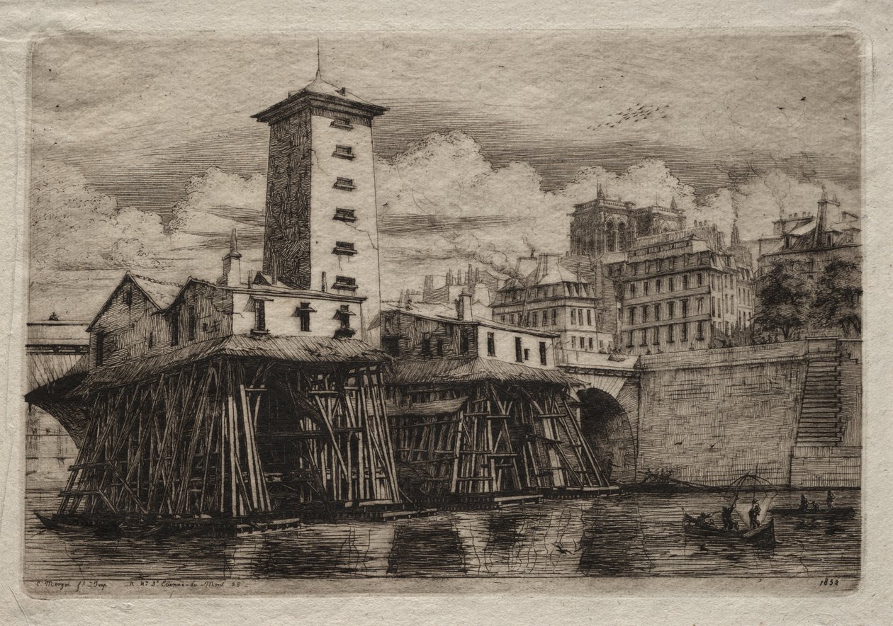 Incisioni di Parigi: La Pompa di Notre Dame da Charles Meryon
