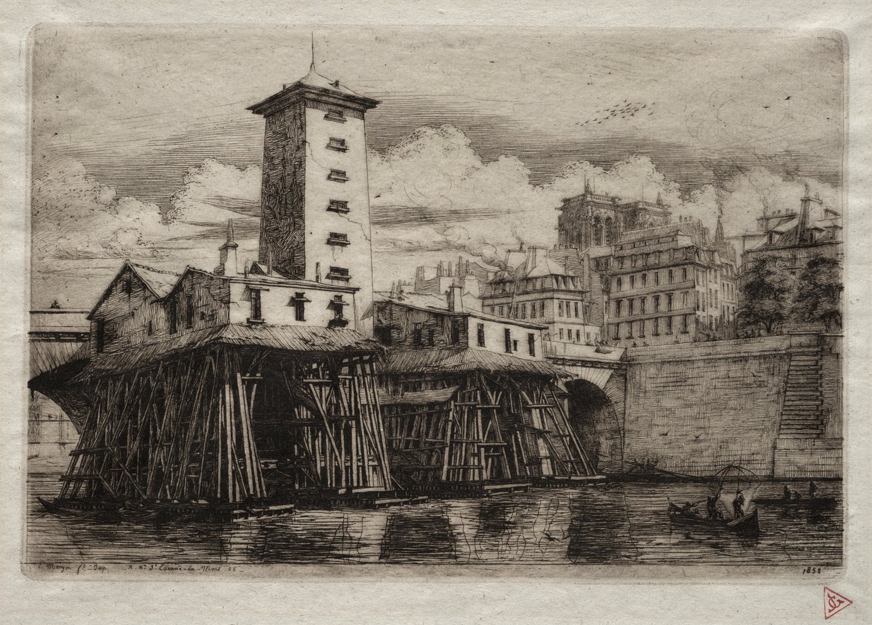 Incisioni di Parigi: La pompa di Notre Dame, 1852 da Charles Meryon