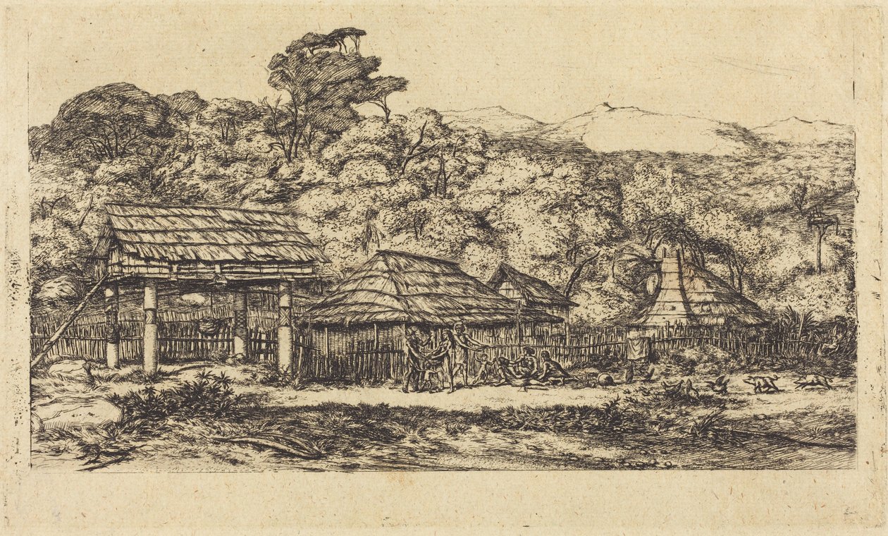 Granai e capanne indigeni ad Akaroa, penisola di Banks, 1845 da Charles Meryon