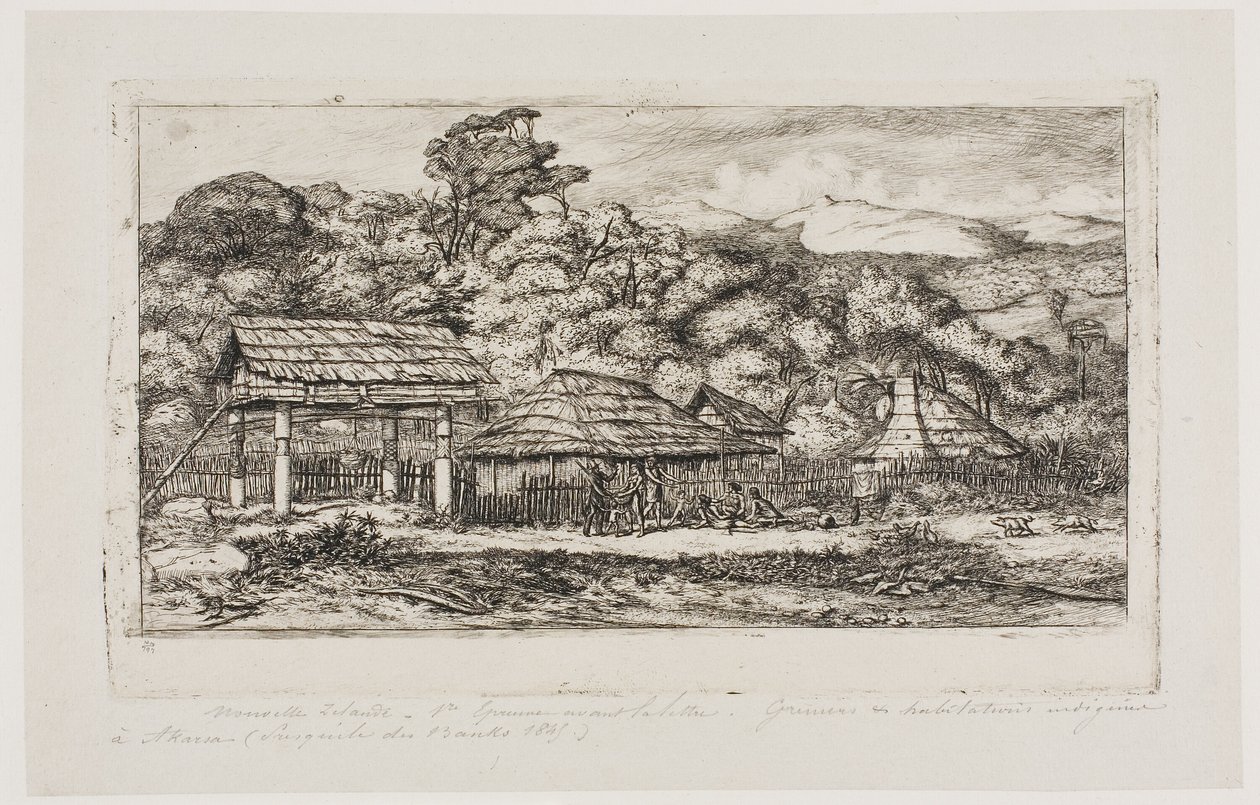 Granai e capanne dei nativi ad Akaroa, penisola di Banks, 1845 da Charles Meryon