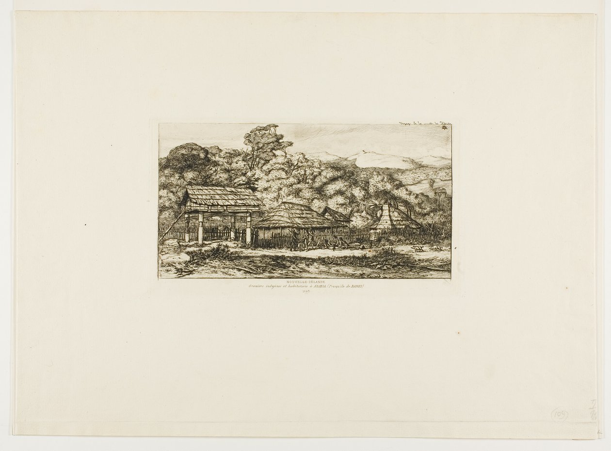 Granai e capanne dei nativi ad Akaroa, penisola di Banks, 1845 da Charles Meryon