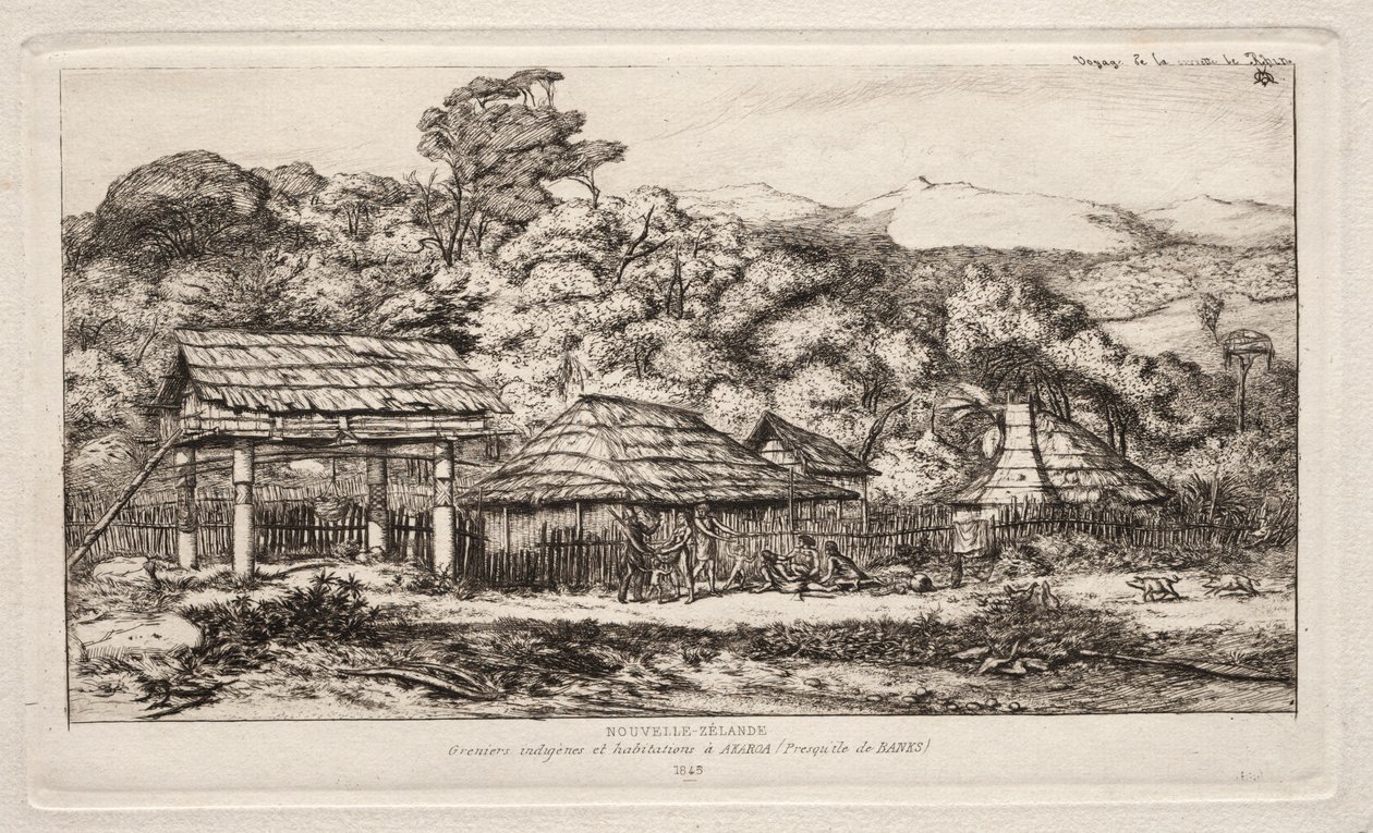 Fienili e capanne native ad Akaroa, Penisola di Banks, 1845, 1865 da Charles Meryon