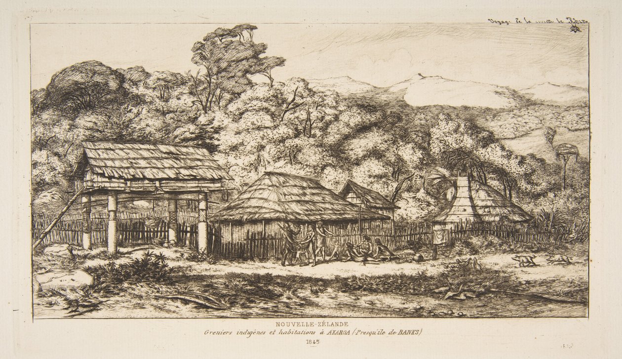 Granai e capanne indigeni ad Akaroa, penisola di Banks, 1845, da «Il viaggio in Nuova Zelanda (1842-46)» da Charles Meryon