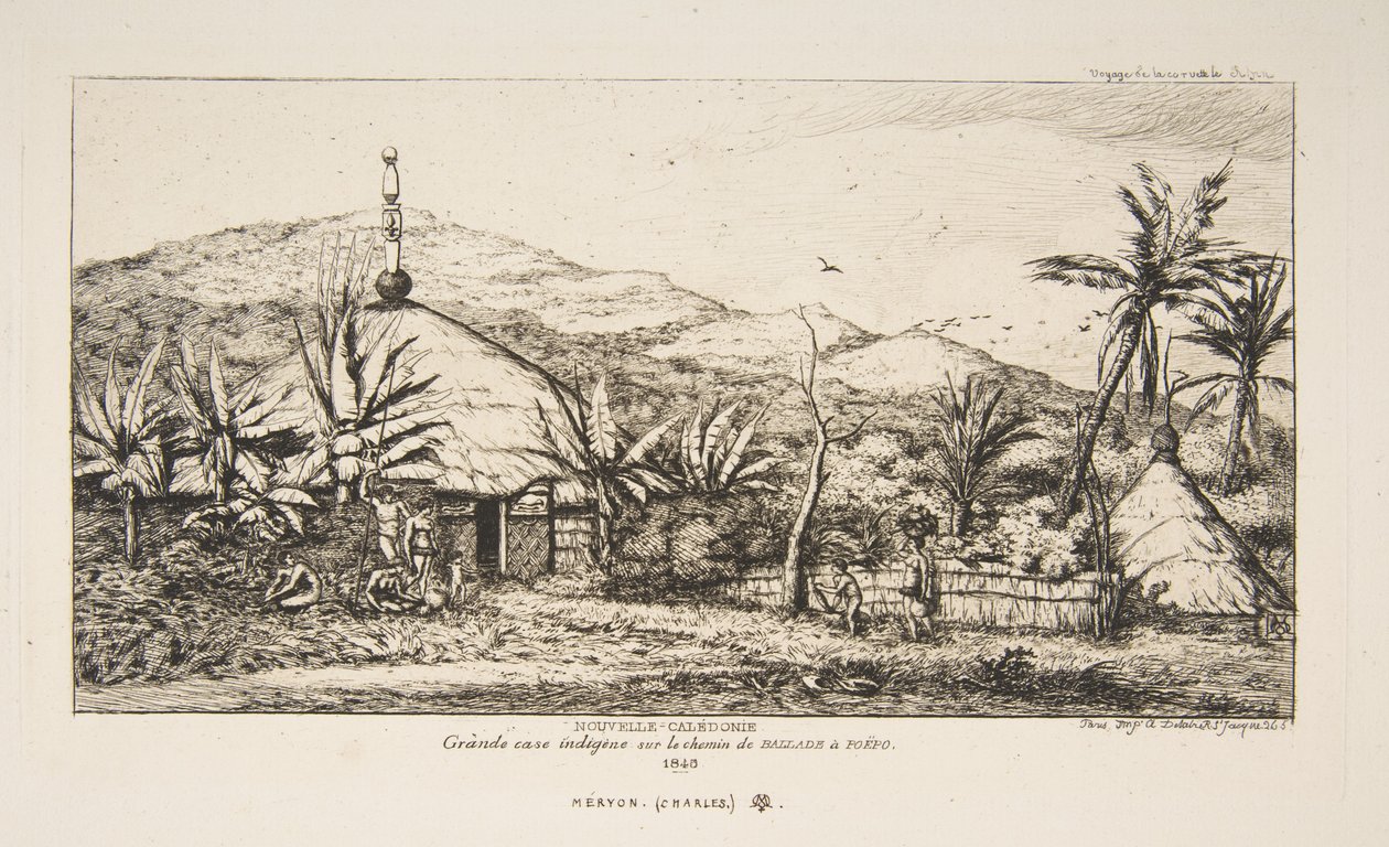 Nuova Caledonia: Grande capanna indigena sulla strada da Balade a Puebo, 1845, da "Il viaggio in Nuova Zelanda (1842-46)" da Charles Meryon