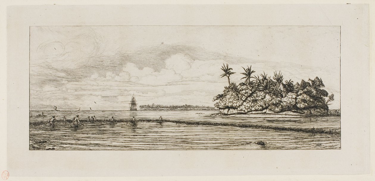 Oceania: Pesca, vicino a isole con palme nel gruppo Uea o Wallis, 1845 da Charles Meryon