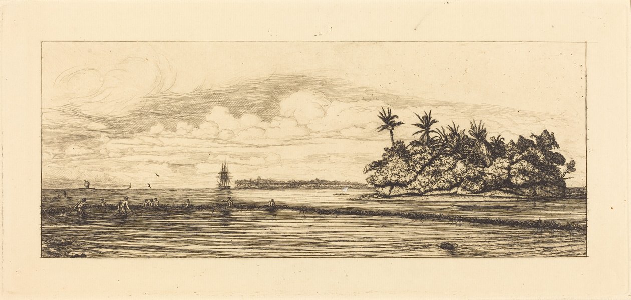 Oceania, isolotti di Uvea (Wallis); Pesca con le pinne, 1845 (Oceania: Pesca, nei pressi di isolotti con palme nell’arcipelago di Uvea o Wallis) da Charles Meryon