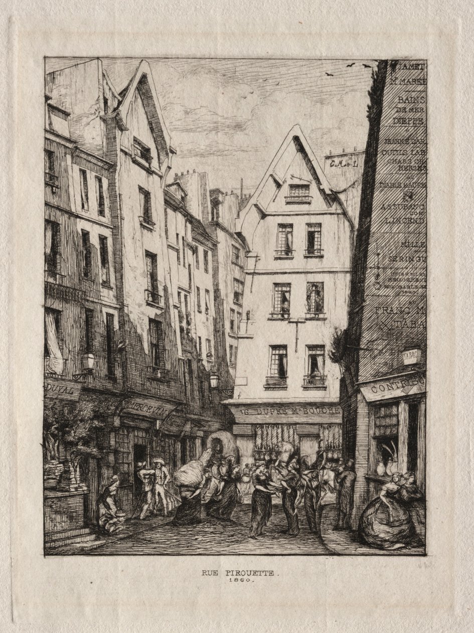 Rue Pirouette, vicino ai mercati, Parigi, 1860 da Charles Meryon