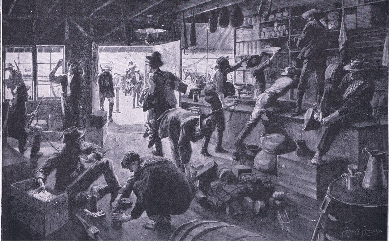 Boeri che saccheggiano un negozio nella proprietà del fiume Grange, illustrazione da After Pretoria: The Guerilla War, 1902 da Charles Mills Sheldon