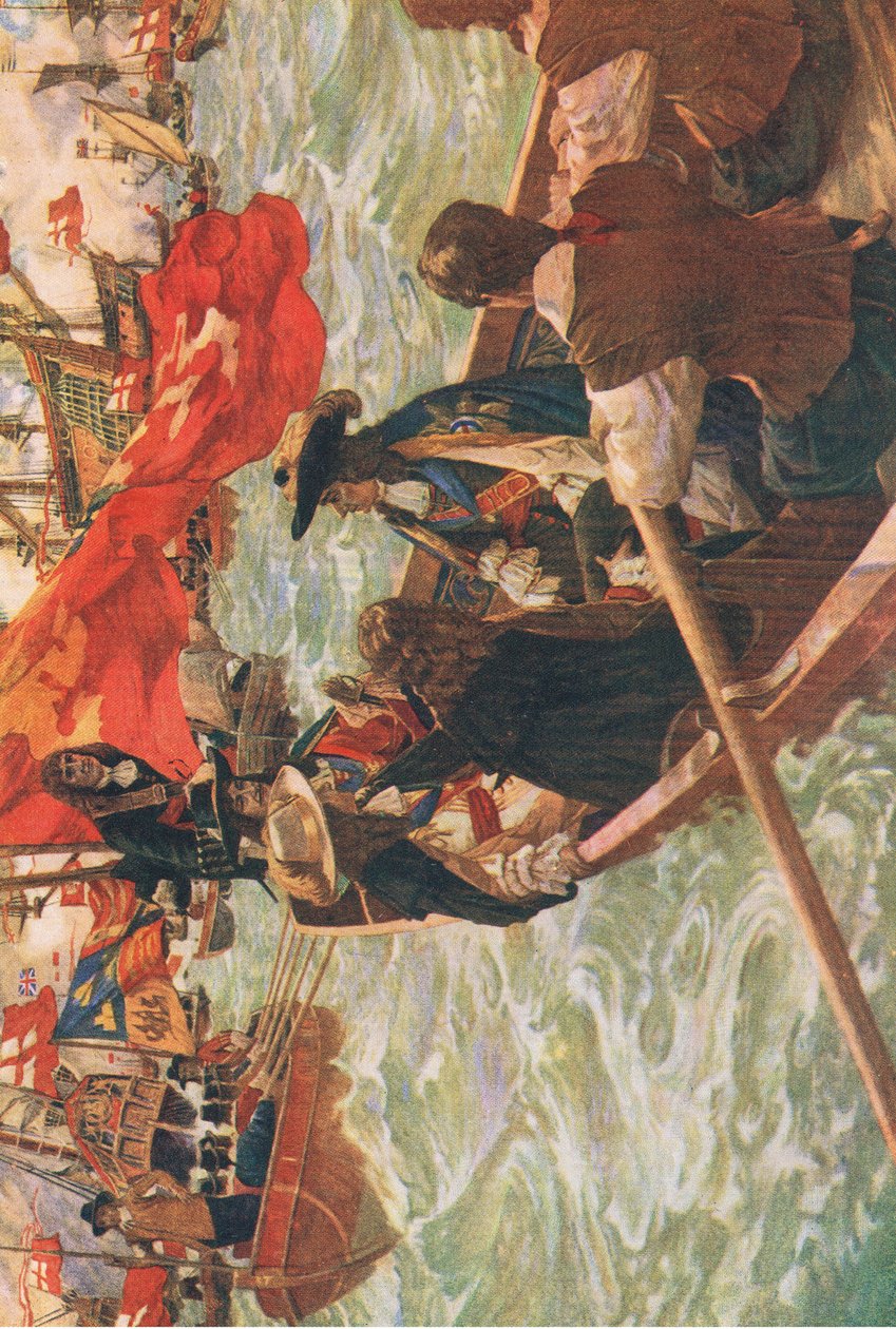 Ritorno a casa di Carlo II, illustrazione da The History of the British People pubblicata da Waverley, 1940 circa (litografia a colori) da Charles Murray Padday
