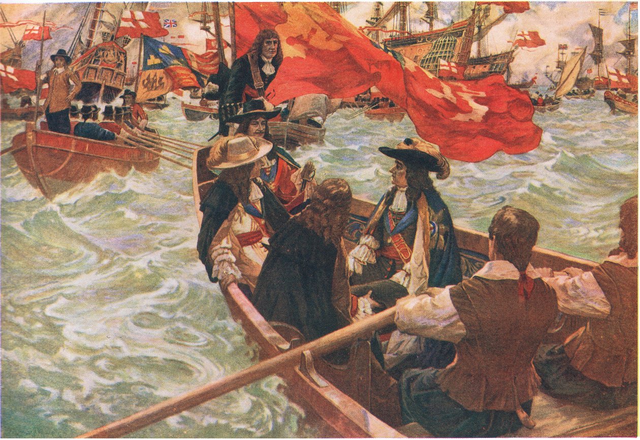 Ritorno a casa di Carlo II, da Cassells History of the British People pubblicato dalla Waverley Book Company Limited, 1940 circa (litografia a colori) da Charles Murray Padday