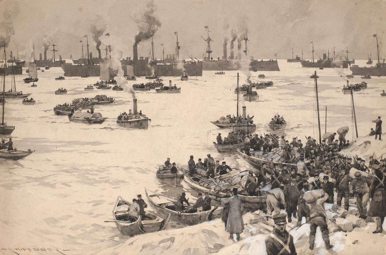 Sbarco delle truppe giapponesi in Corea nel 1905. Disegno e lavaggio (30,1x45,6 cm) di Charles M. Padday () , inizio XX secolo. da Charles Murray Padday