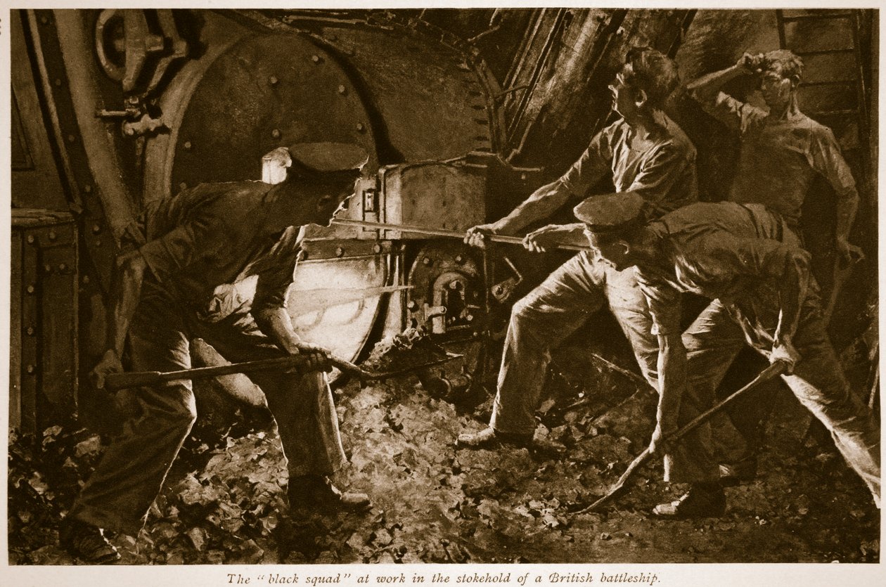 La "squadra nera" al lavoro nella stiva di una nave da guerra britannica da Charles Murray Padday