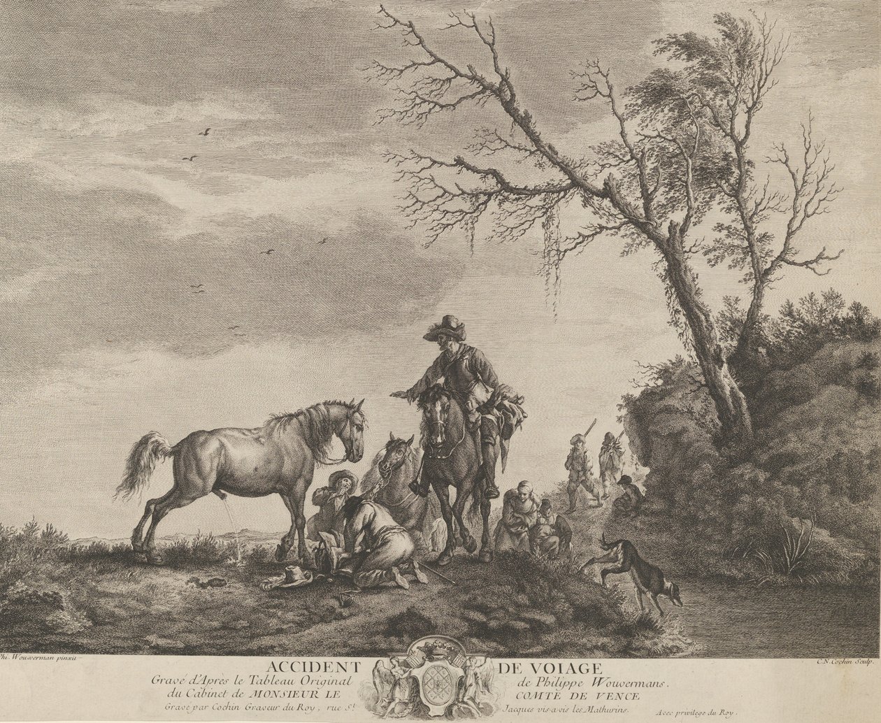 Un incidente durante il viaggio, un uomo inginocchiato che ripara una sella rotta, un cavallo che urina, 1740-50 da Charles Nicolas Cochin
