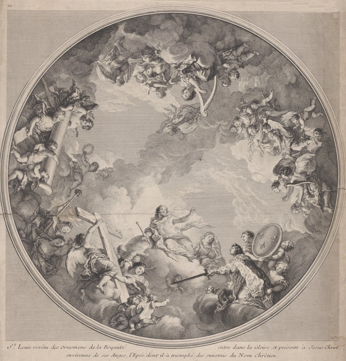 San Luigi che Presenta la sua Spada a Cristo, dopo un disegno del soffitto, 1755-90 da Charles Nicolas Cochin