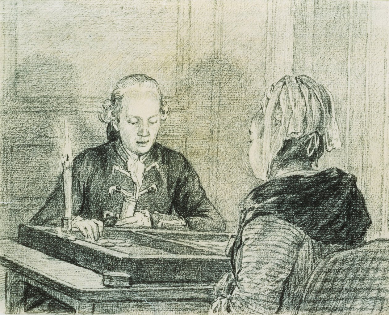 Una coppia seduta, la signora vista da dietro, che gioca a backgammon alla luce delle candele da Charles Nicolas II Cochin