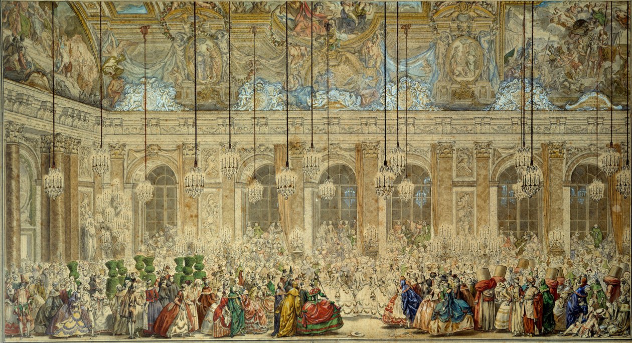 Ballo in maschera o ballo degli Ifs per il matrimonio di Luigi Delfino di Francia (1729-1765) con Maria Teresa di Spagna nella Galleria degli Specchi a Versailles nel febbraio 1745 Disegno a penna e inchiostro di Charles Nicolas Cochin il Giovane da Charles Nicolas II Cochin