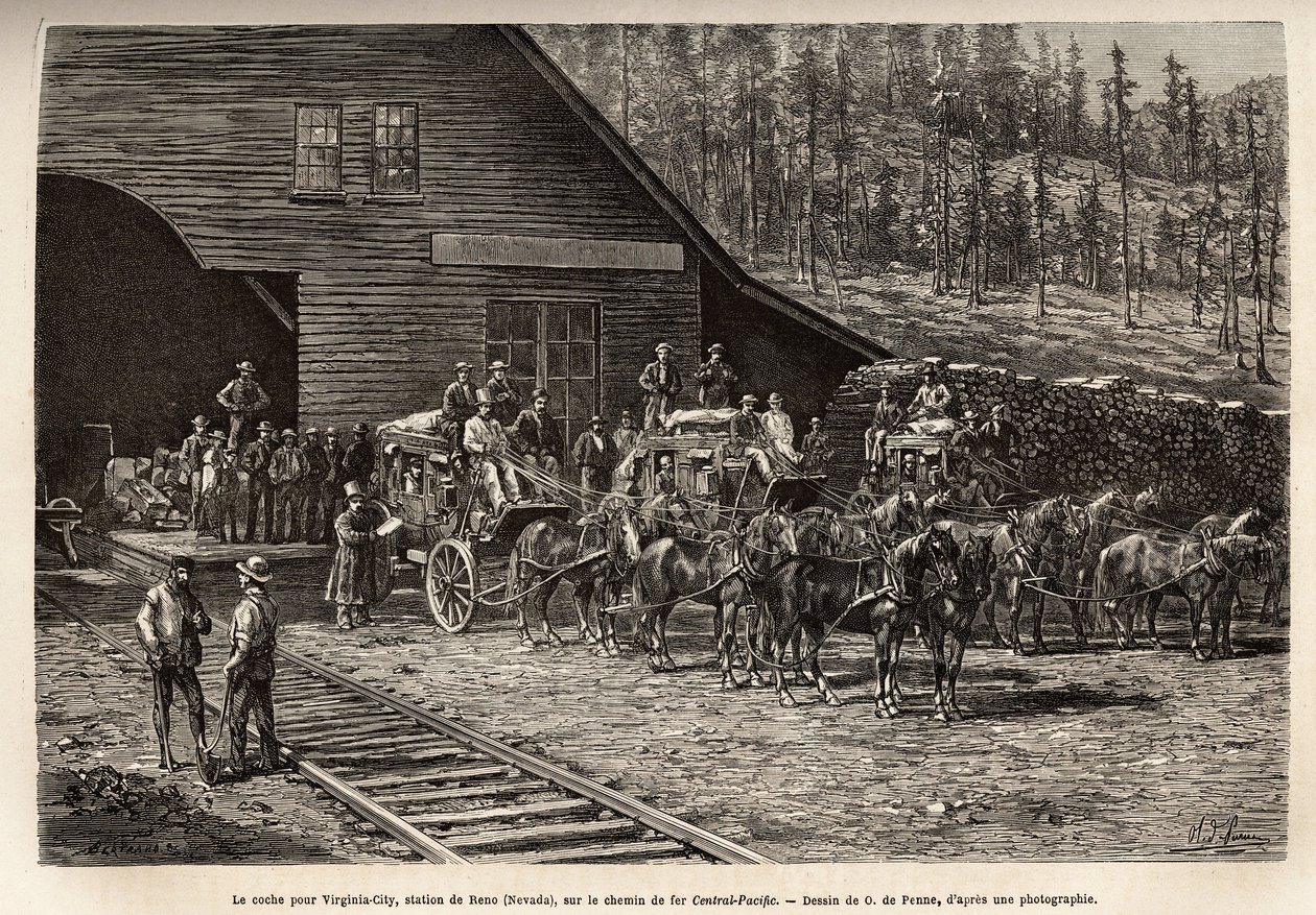La stazione di Reno, per prendere il biglietto per Virginia City (Nevada), sulla Central Pacific Railway (Central Pacific), inciso dal disegno di O. de Penne, illustrante il viaggio da Washington a San Francisco, nel 1868, di L. Simonin, pubblicato in "Le  da Charles Oliver de Penne