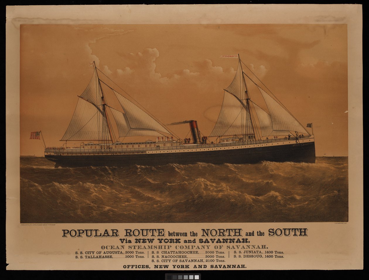 Percorso popolare tra il Nord e il Sud via New York e Savannah, Ocean Steamship Company of Savannah... Città di Augusta... (litografia, colorata) da Charles Parsons