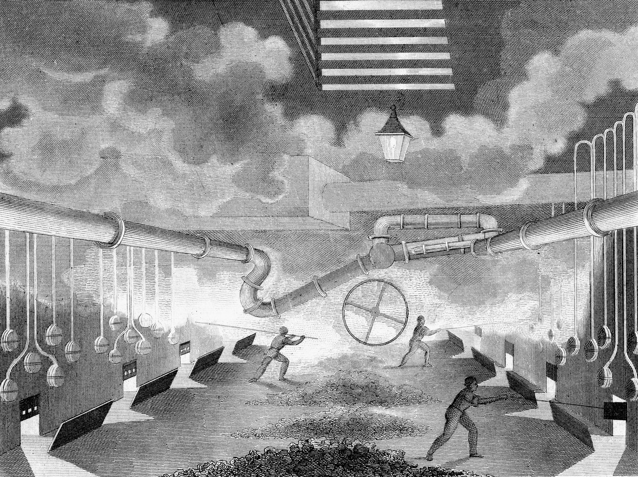Vista generale di una fabbrica di gas, con retorti in carica da Charles Partington