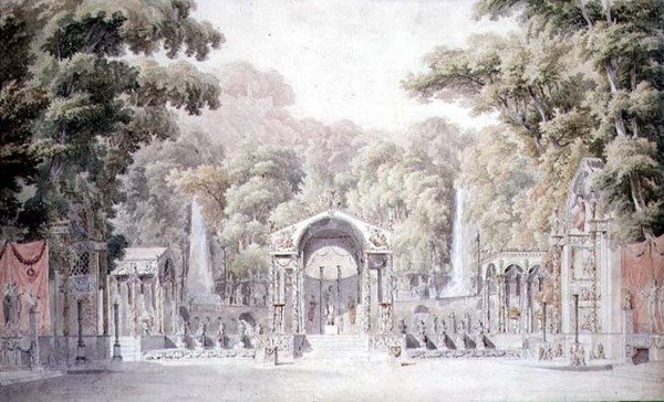 Progetto per un set scenico con un tempio di Venere in un giardino boscoso per 