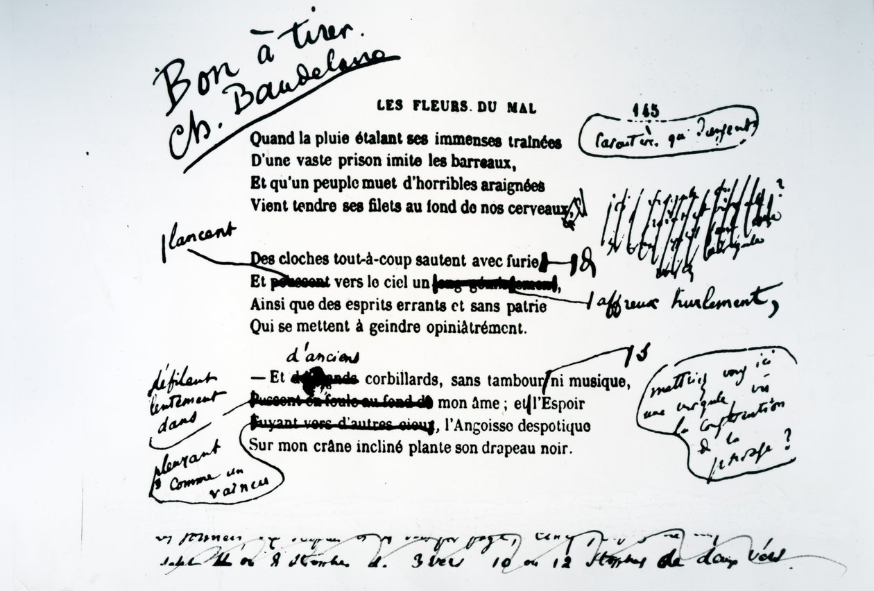 Bozza corretta di Les Fleurs du Mal da Charles Pierre Baudelaire