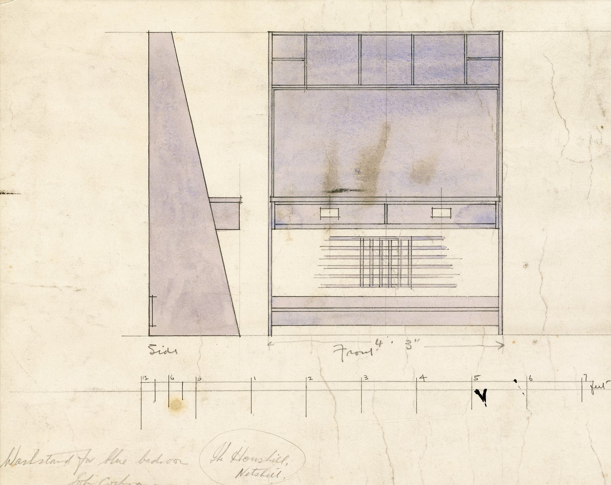 Design per un lavabo, mostrato in elevazione laterale e frontale, 1904 da Charles Rennie Mackintosh