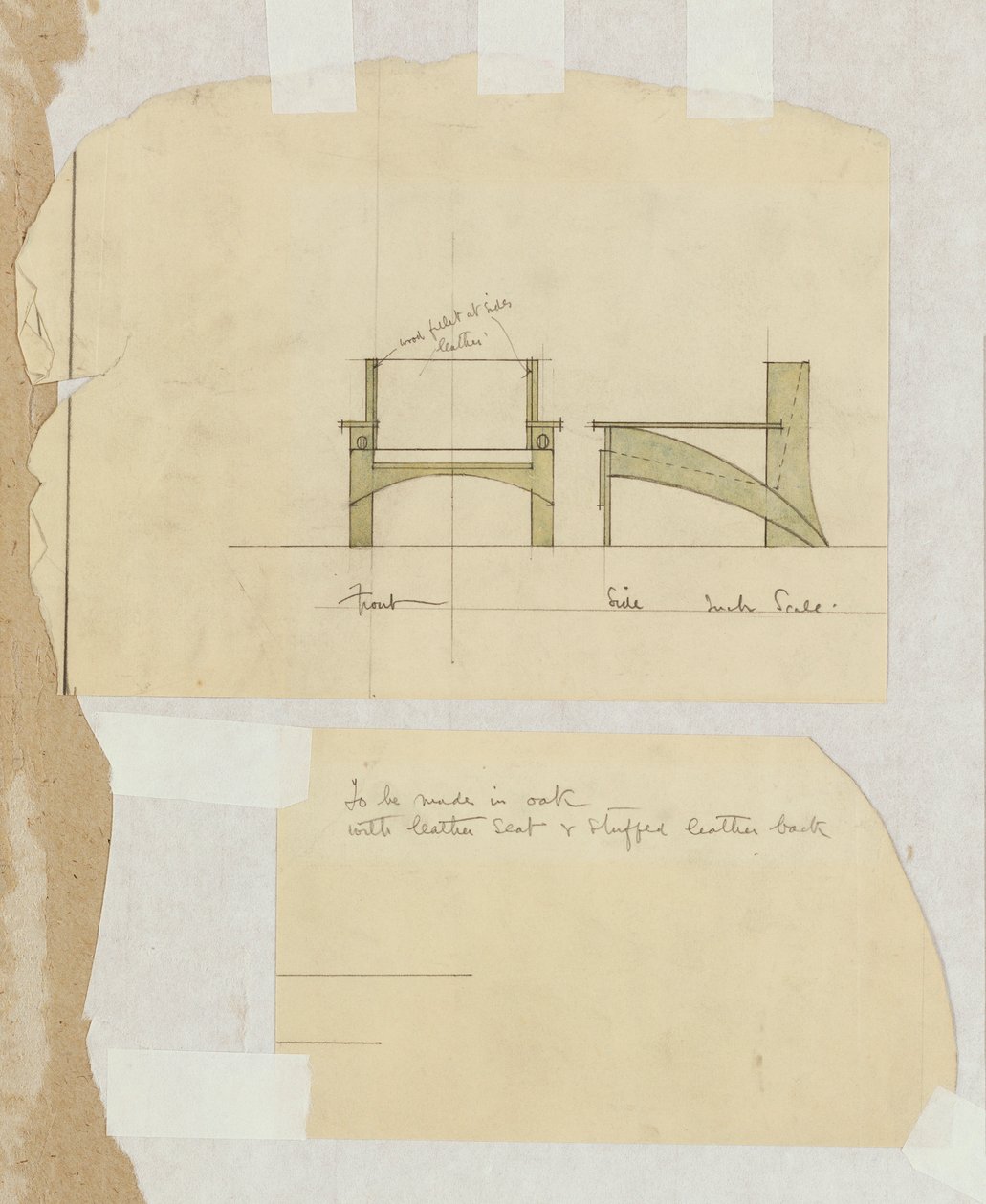 Progetto per una poltrona in rovere, mostrato in elevazioni frontali e laterali, 1905 da Charles Rennie Mackintosh