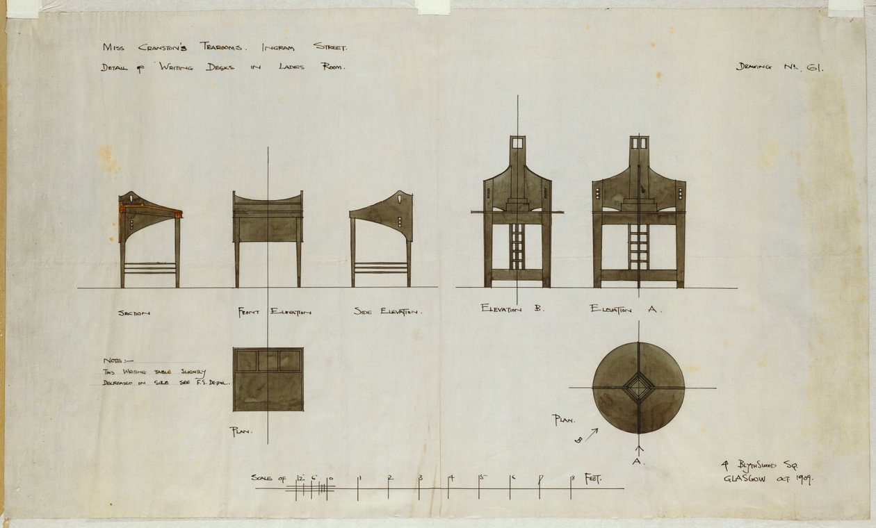 Progetti per scrivanie mostrate in elevazioni frontali e laterali, per le Ingram Street Tea Rooms, 1909 da Charles Rennie Mackintosh