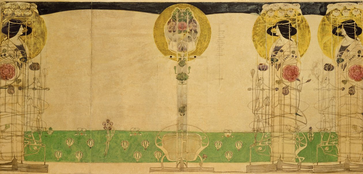 Progetto preliminare per la decorazione murale della stanza al primo piano della sala da tè di Miss Cranston in Buchanan Street, 18967 da Charles Rennie Mackintosh