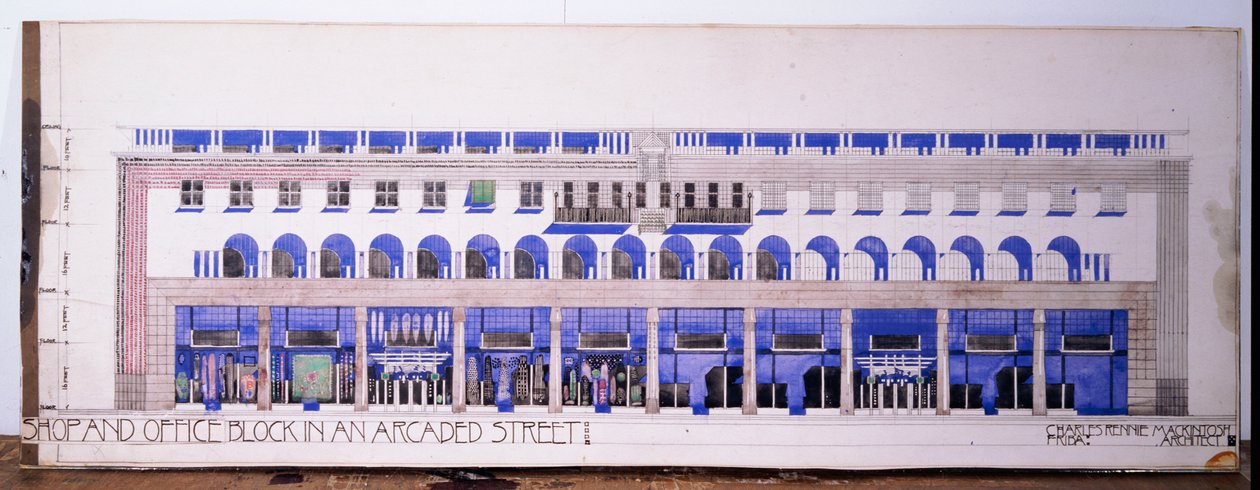 Disegni architettonici precedentemente non registrati per un negozio e una strada porticata da Charles Rennie Mackintosh