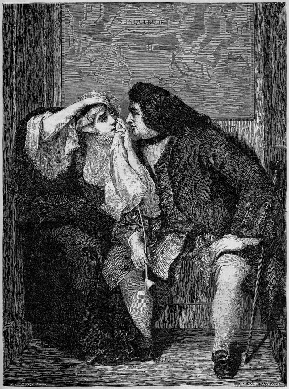 Illustrazione del romanzo di Laurence Sterne "La vita e le opinioni di Tristram Shandy, gentiluomo" (1713-1768): Zio Toby e Vedova Wadman. Dal dipinto di Charles Robert Leslie (1794-1859) alla mostra di Manchester. Incisione in "Le Monde Illustré" da Charles Robert (after) Leslie