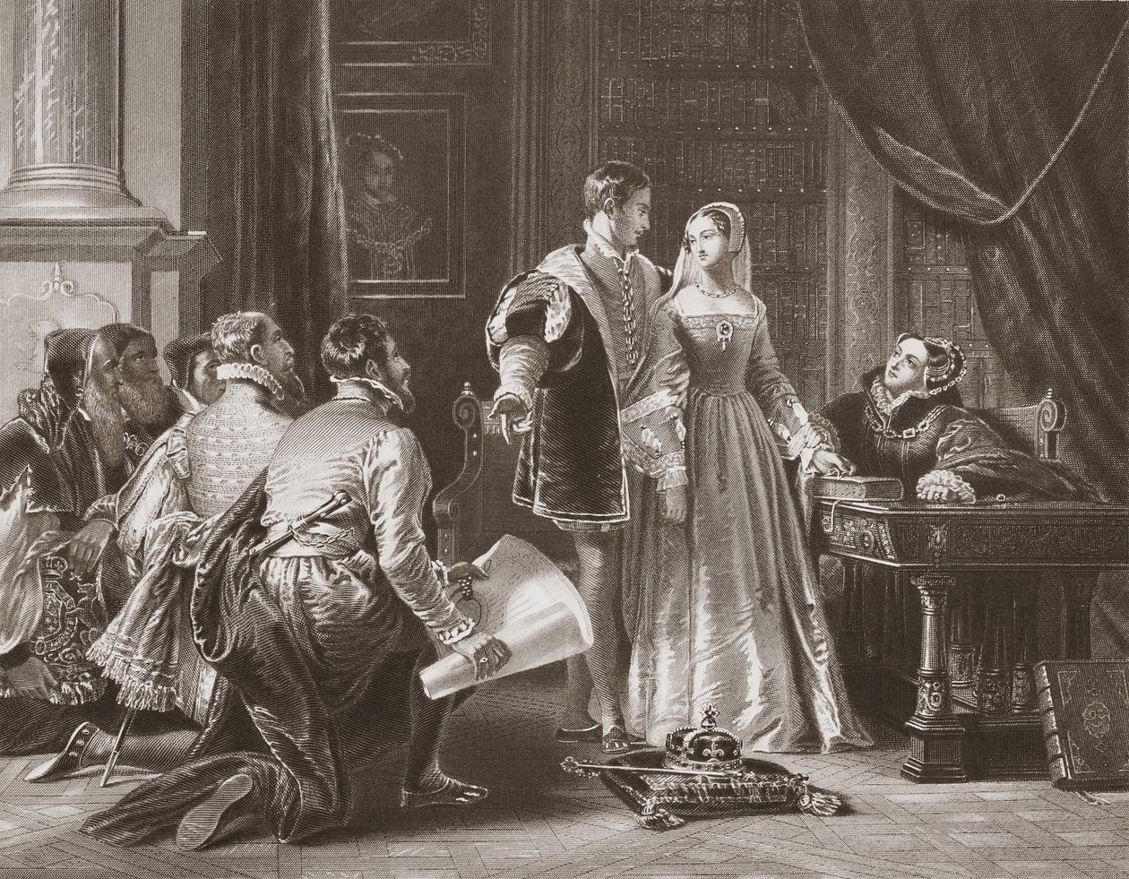 La riluttanza di Lady Jane Grey ad accettare la corona, inciso da A.H. Payne da Charles Robert (after) Leslie