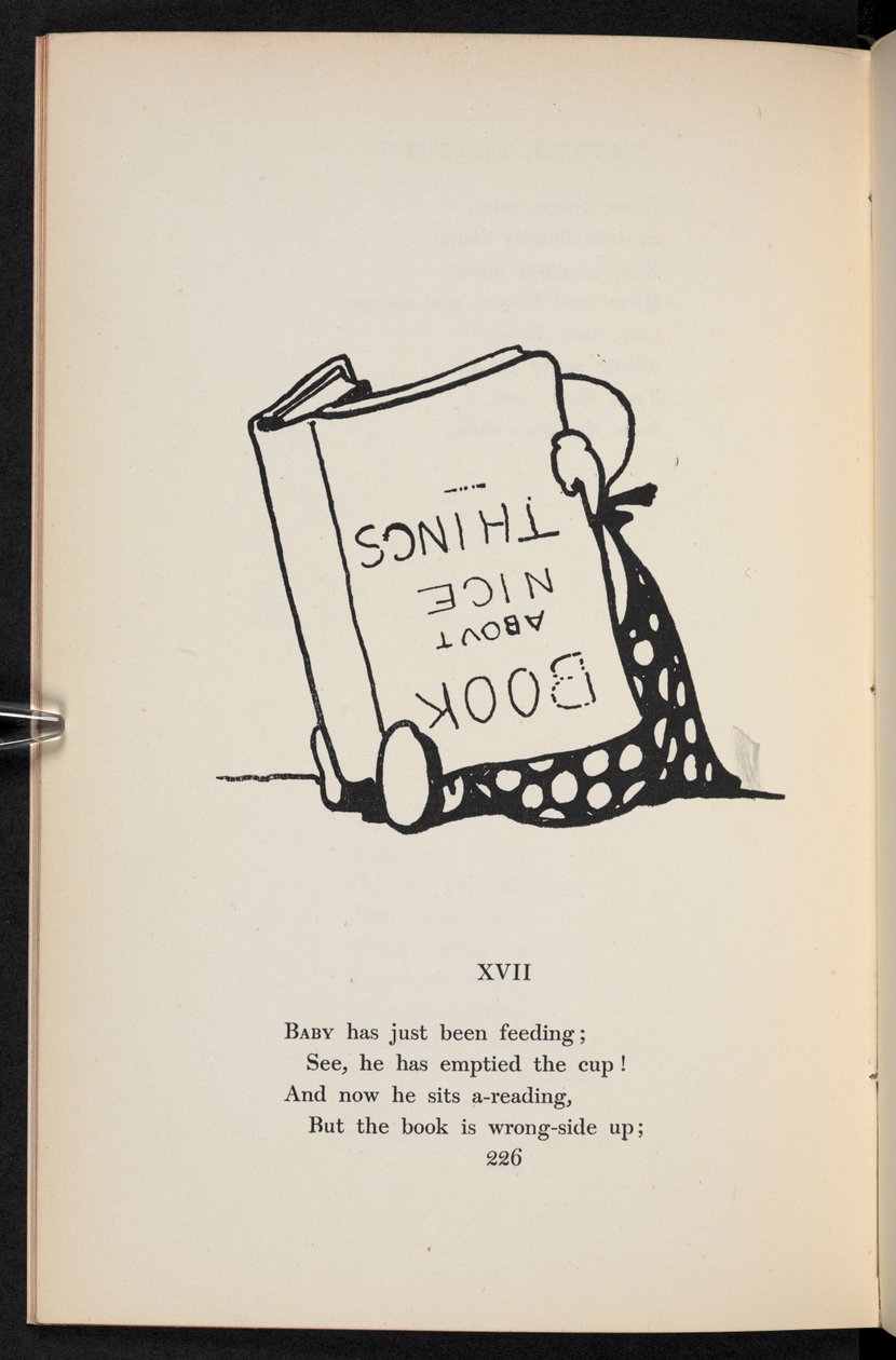 XVII. Una filastrocca. Un bambino che legge un libro al contrario. da Charles Robinson