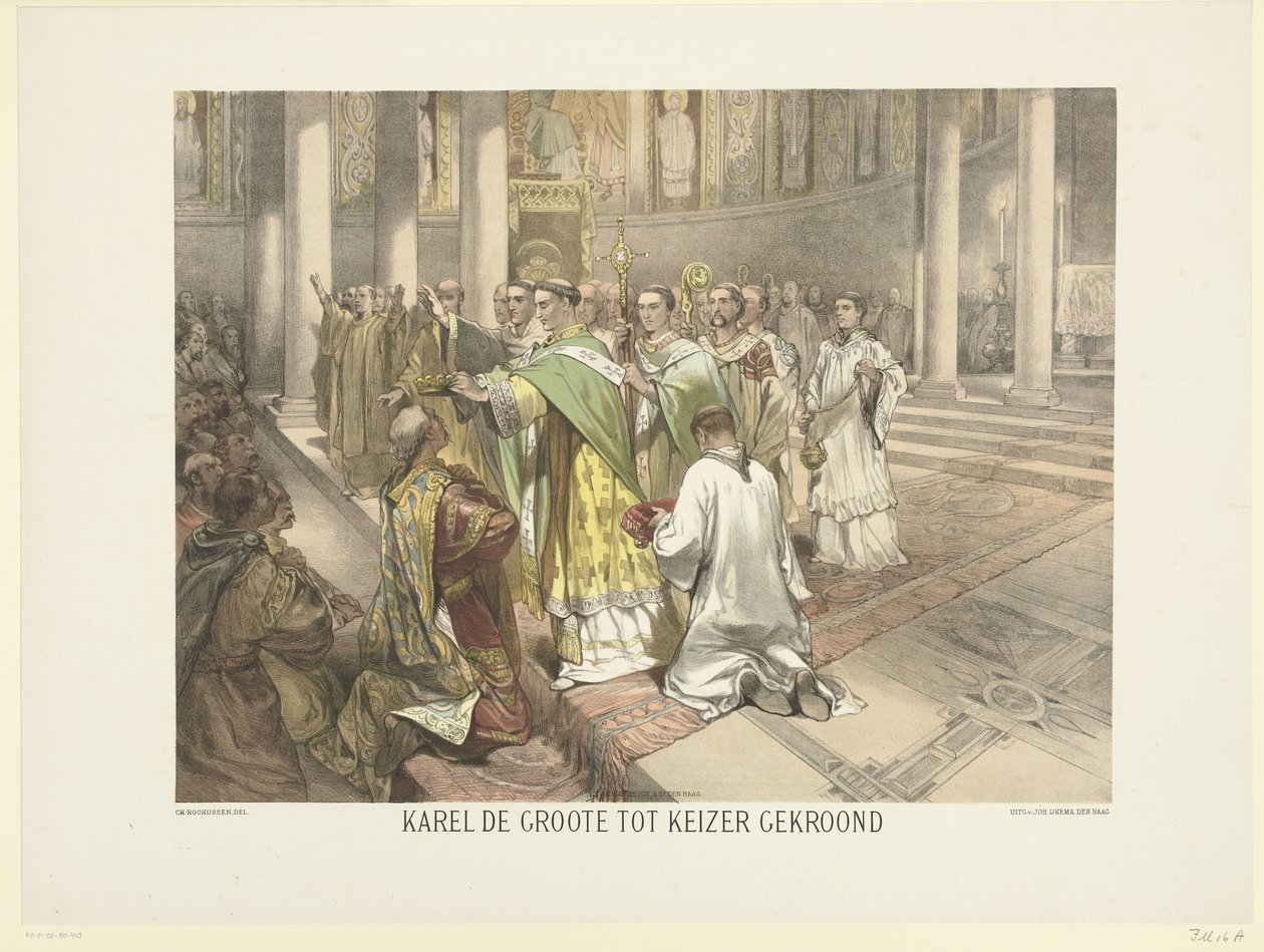 Carlo Magno incoronato imperatore, 800 (Serie di 24 stampe di storia nazionale, per scuola e casa) da Charles Rochussen