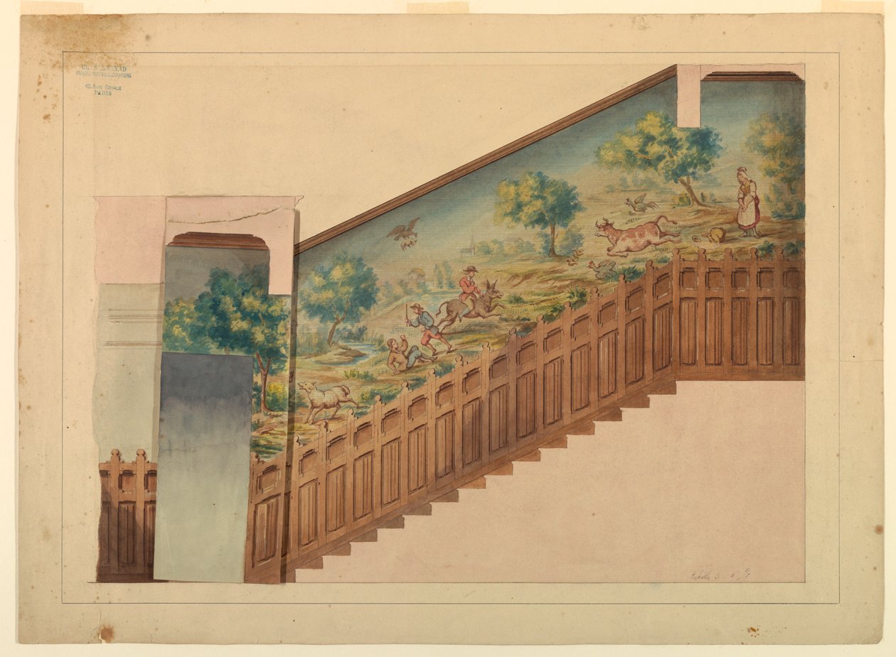 Progetto con sovrapposizione per parte della scala nel Château-sur-Mer, Newport, Rhode Island da Charles Salagnad, French