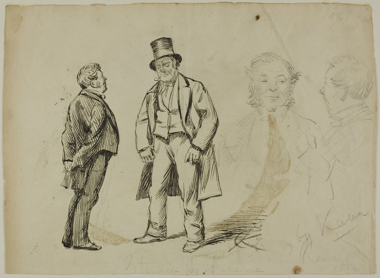 Schizzo di due uomini in piedi e due ritratti da Charles Samuel Keene