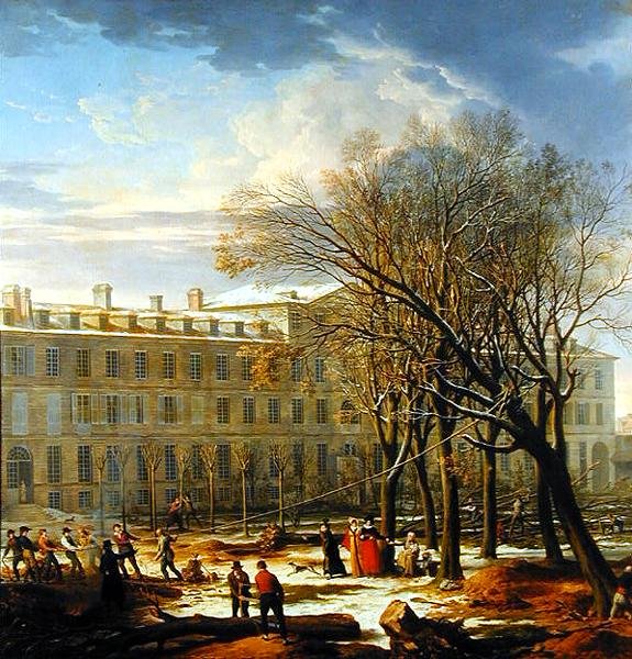 Figure che abbattono alberi fuori da un edificio a Parigi da Charles Thevenin