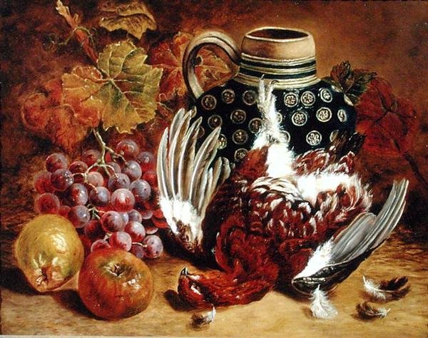 Natura morta con uva, mele, pernice morta e una brocca blu da Charles Thomas Bale
