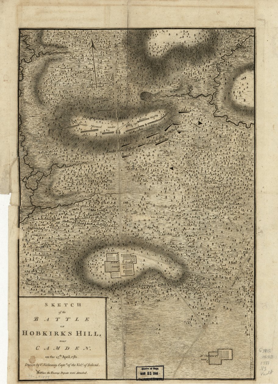 Schizzo della battaglia di Hobkirks Hill, vicino a Camden, il 25 aprile 1781, pubblicato a Londra, 1794 da Charles Vallancey