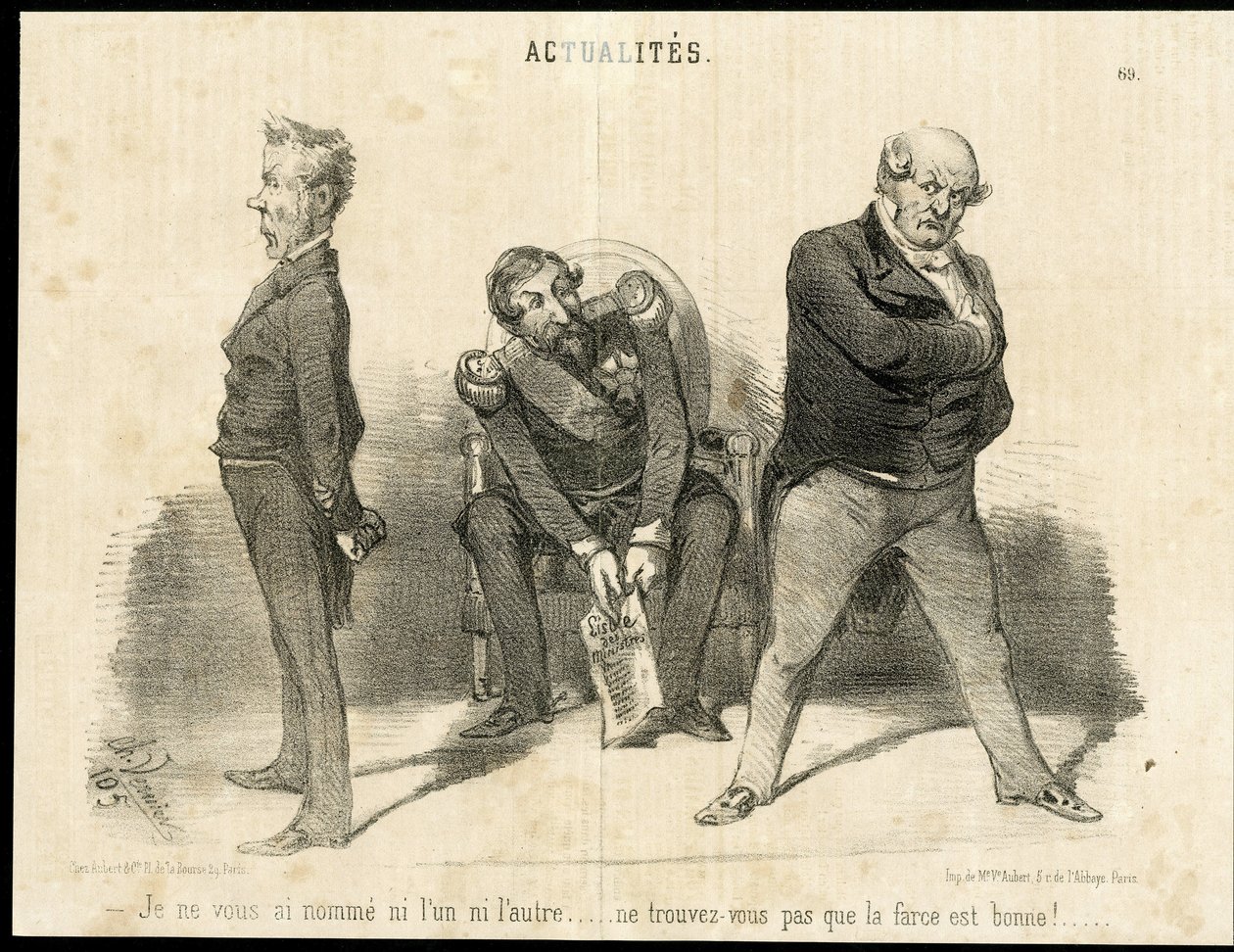 Illustrazione di Charles Vernier (? -1887) in Le Charivari - Presidente della Repubblica, Ministero, Poltrona (simbolo del potere) - Napoleone III, Barrot Odilon (1791-1873), Ministro, Faucher Leon (1803-1854) da Charles Vernier